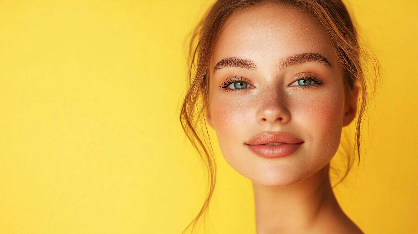 Portrait of a young woman with fair skin, freckles, and light brown hair on a vibrant yellow background. Focus on natural beauty and clean aesthetics. photo