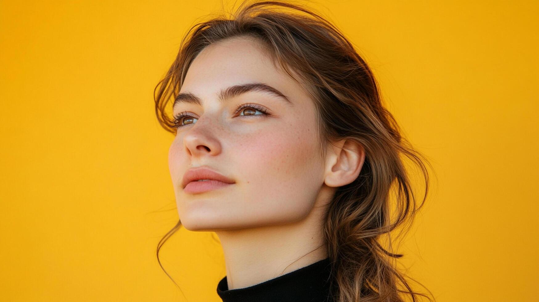 Portrait of a young woman with freckles and a black turtleneck against a vibrant yellow backdrop. She's looking towards the light. photo