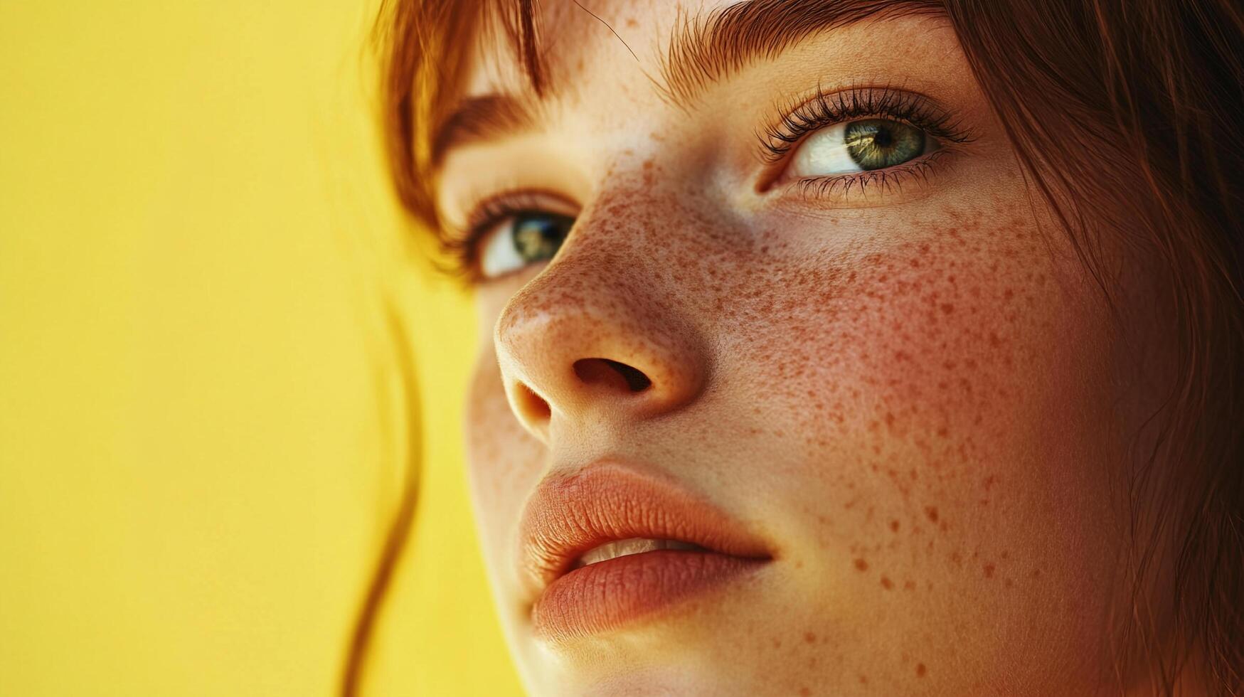 Close-up beauty portrait of a red-haired woman with freckles on a yellow background, showcasing natural skin and striking features. photo