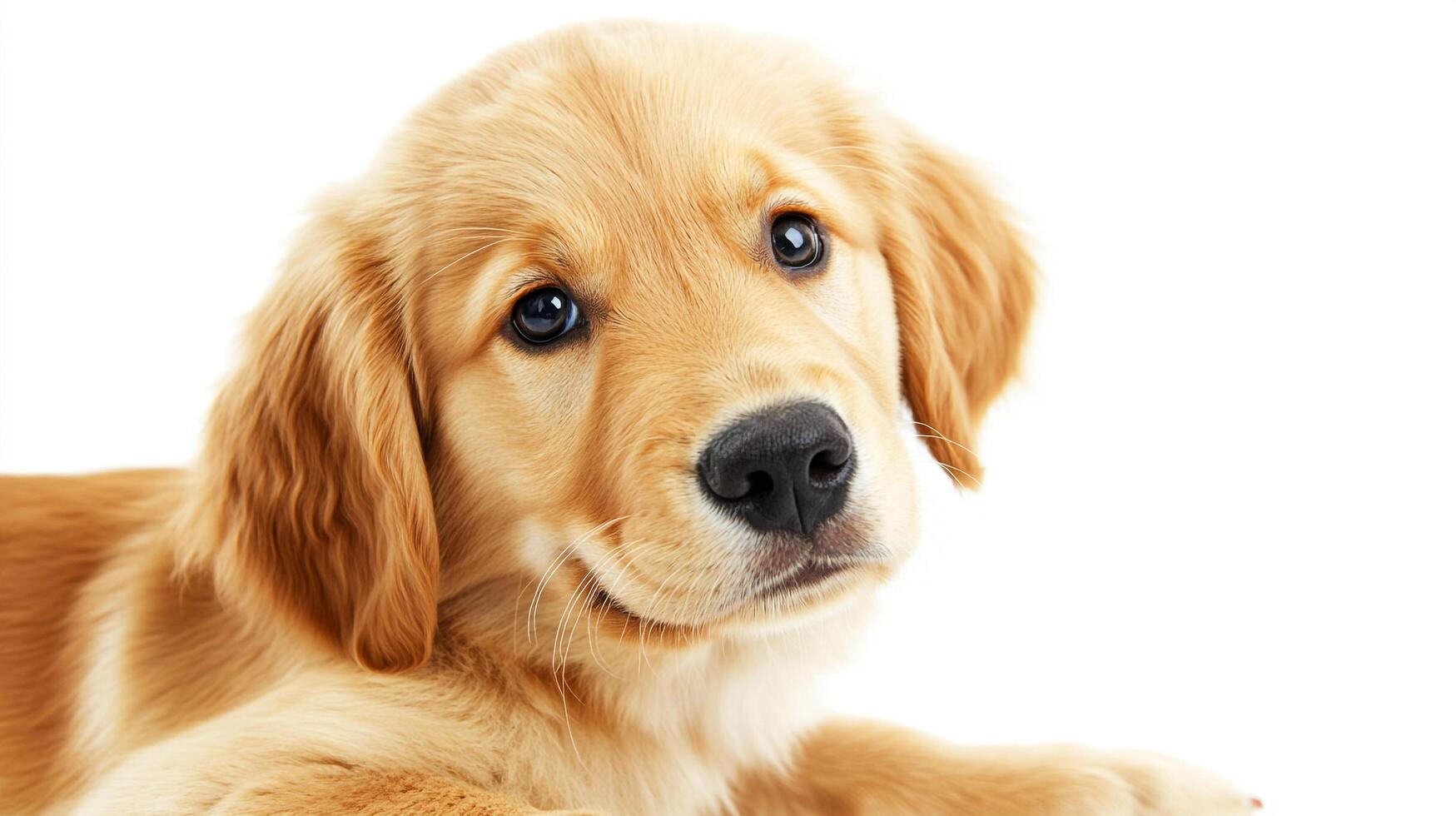 A portrait of a light-golden puppy against a white backdrop. The dog has captivating black eyes and a sweet, endearing expression. photo