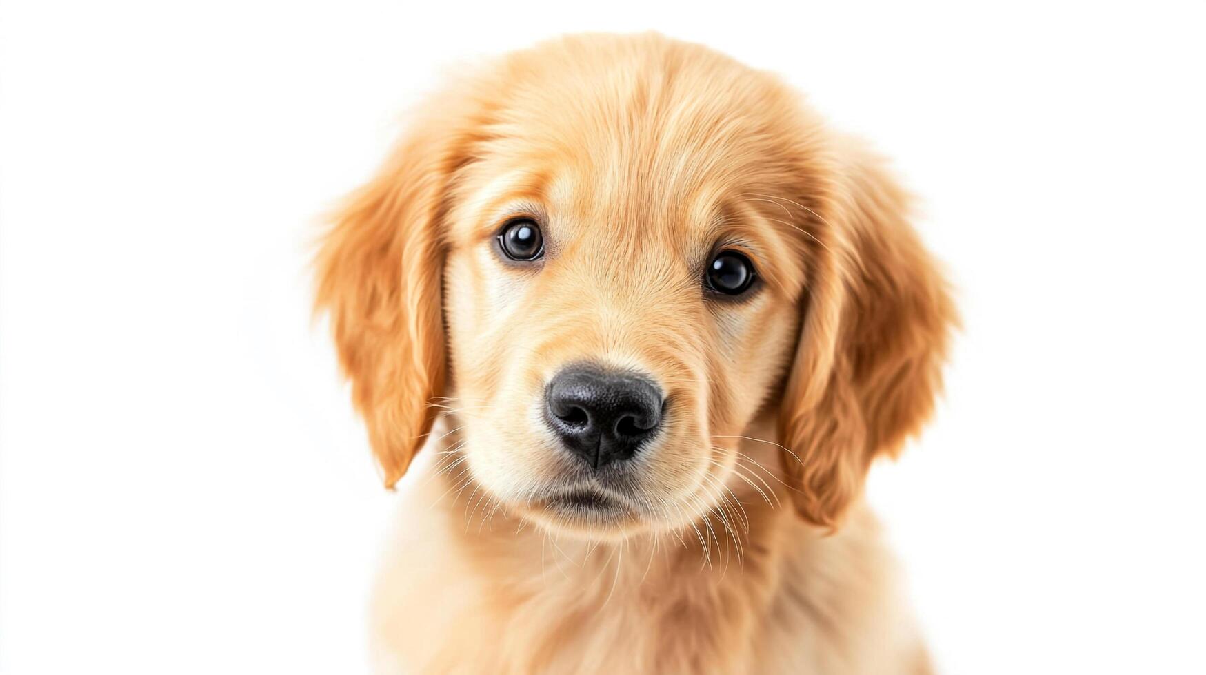 Adorable golden puppy with soulful eyes staring directly into the camera, set against a clean, white background emphasizing its cuteness. photo