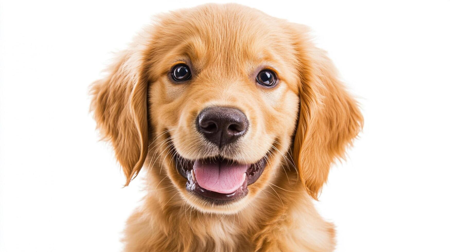 Golden Retriever puppy radiating joy with an open-mouthed smile, set against a clean white backdrop highlighting its adorable features. photo