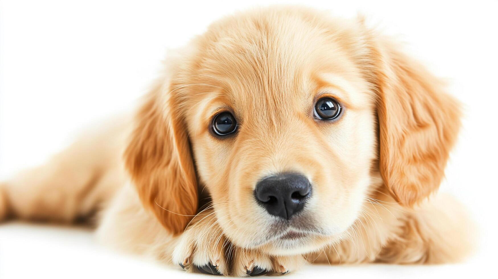 Adorable golden puppy with big eyes poses in a studio setting, looking endearing and sweet. A heartwarming image of canine companionship. photo
