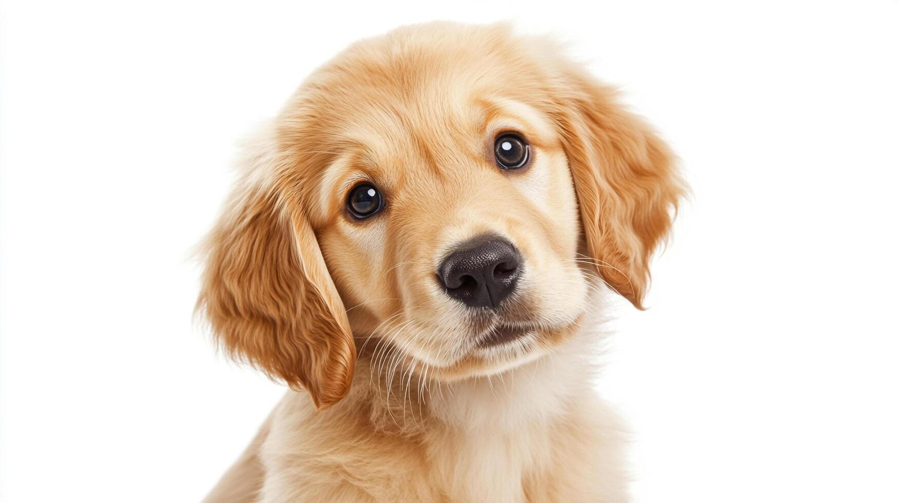 Golden Retriever puppy portrait on a white background, tilting its head with curious expression. Soft fur, shiny eyes, charming gaze. photo