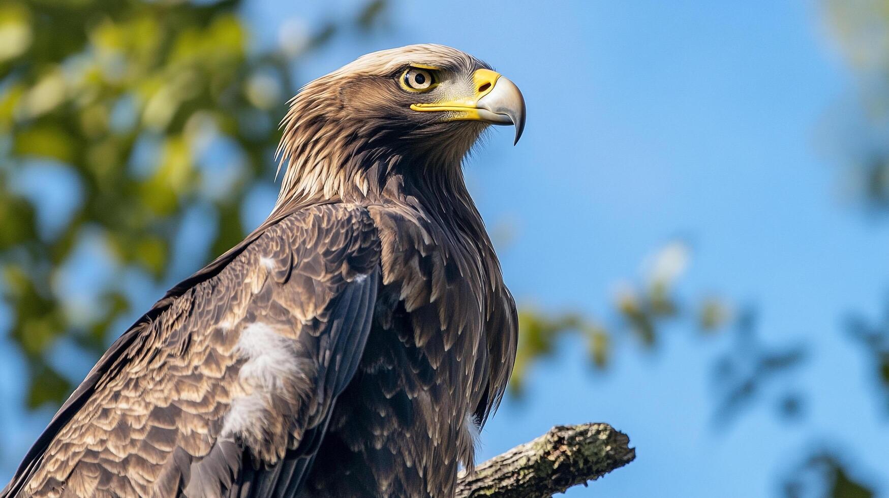 Majestic eagle perched on branch, regal gaze and sharp beak against a vibrant sky, nature's beauty. Symbol of freedom and power. photo