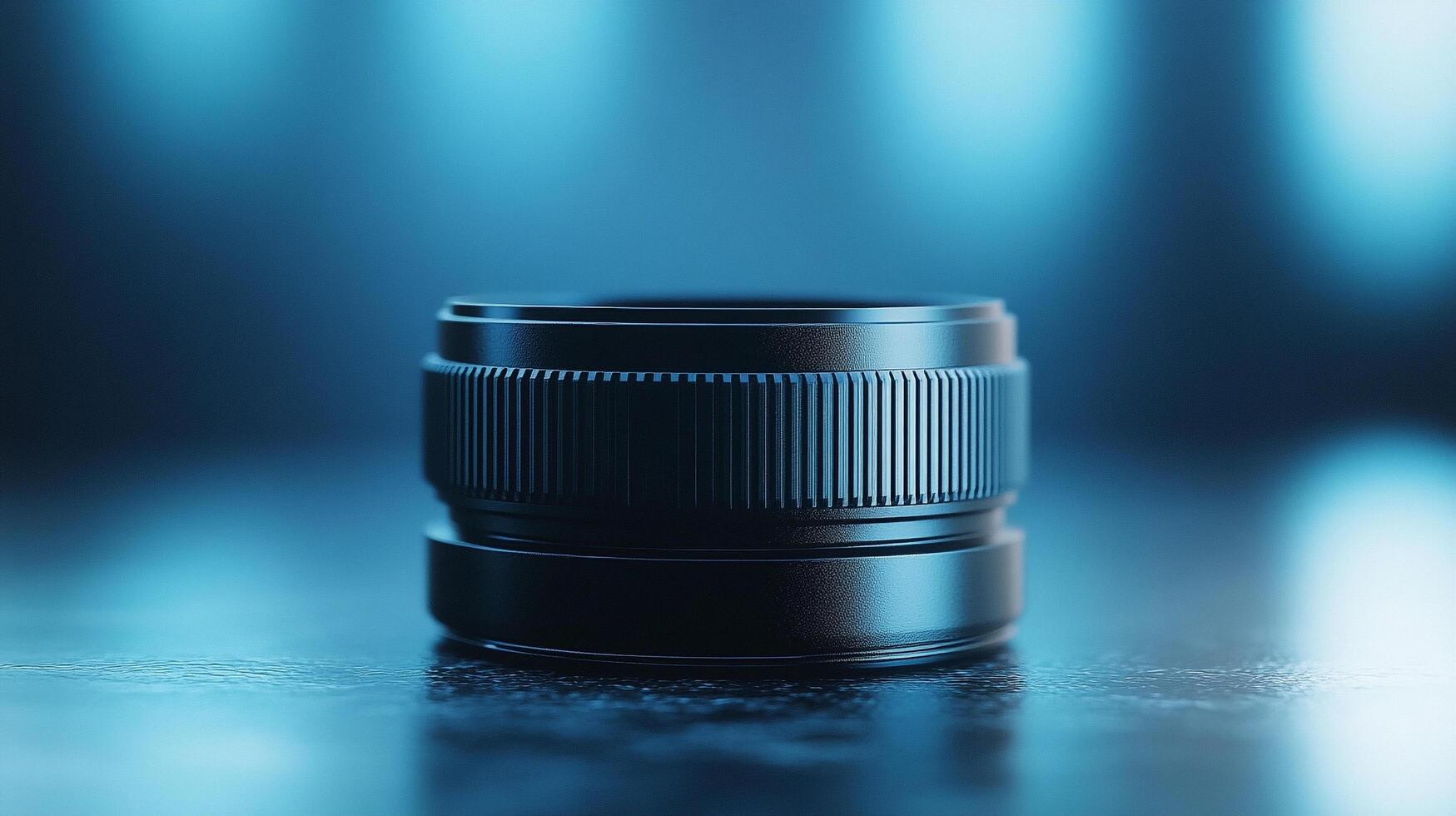 A sleek, dark lens sits on a textured surface against a softly blurred blue backdrop, perfect for photography enthusiasts. photo