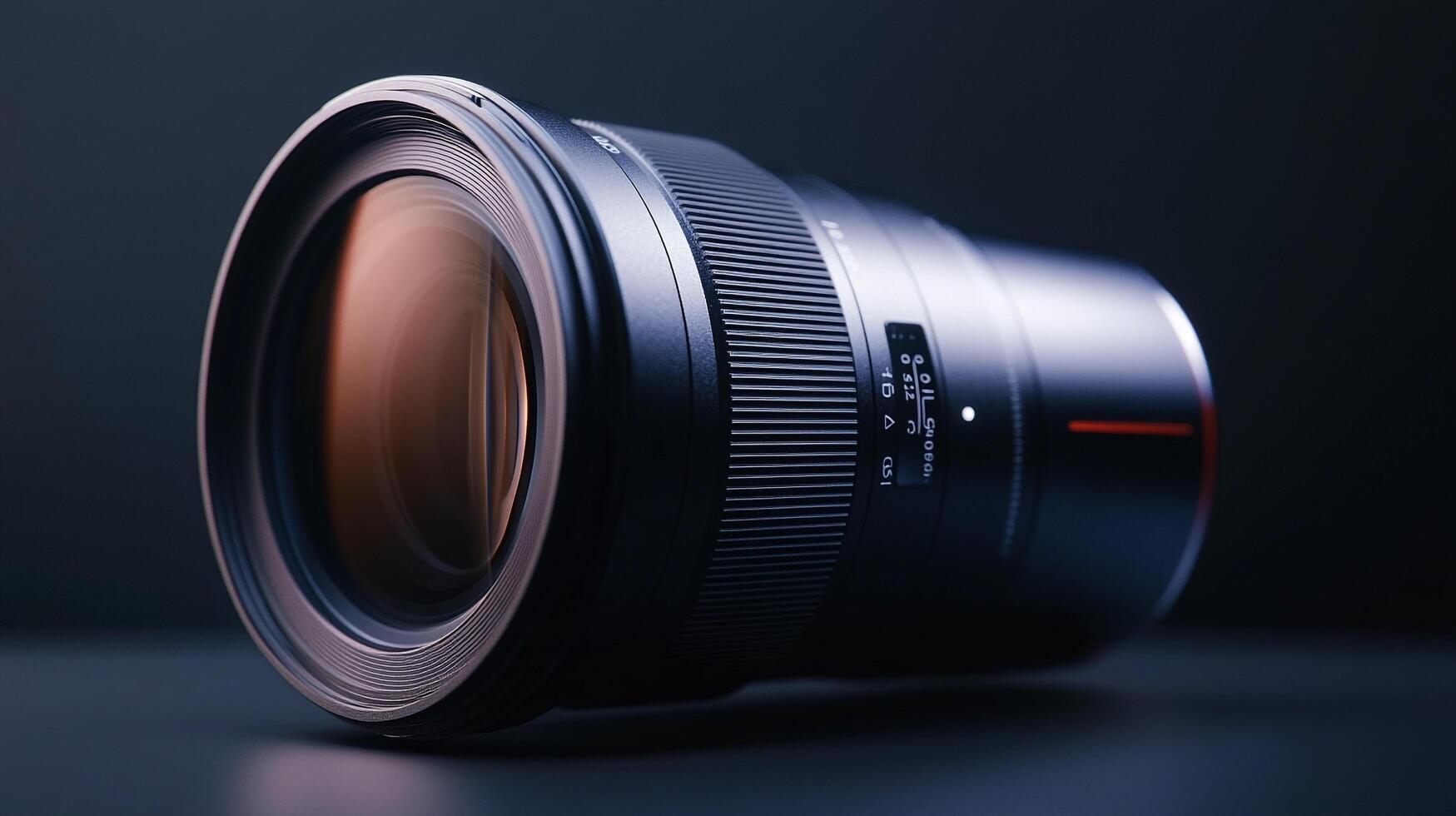 Close-up studio shot of a professional camera lens on a reflective surface with soft lighting that showcases its design and build quality. photo