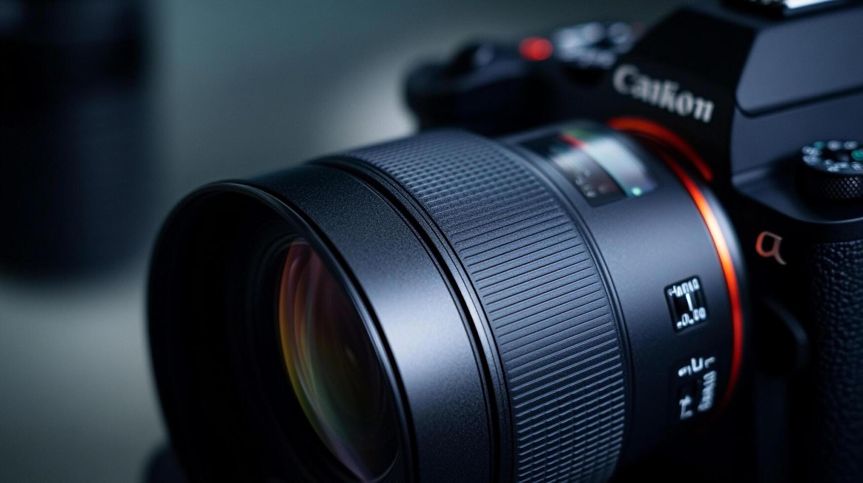 Close-up of a camera lens with intricate details, showcasing precision and technology, ready to capture stunning visuals. photo