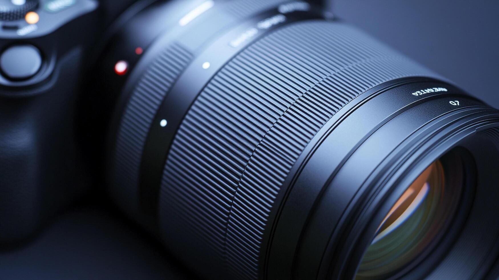 Close-up of a sleek camera lens. The focus highlights its intricate details and professional design against a neutral backdrop. photo