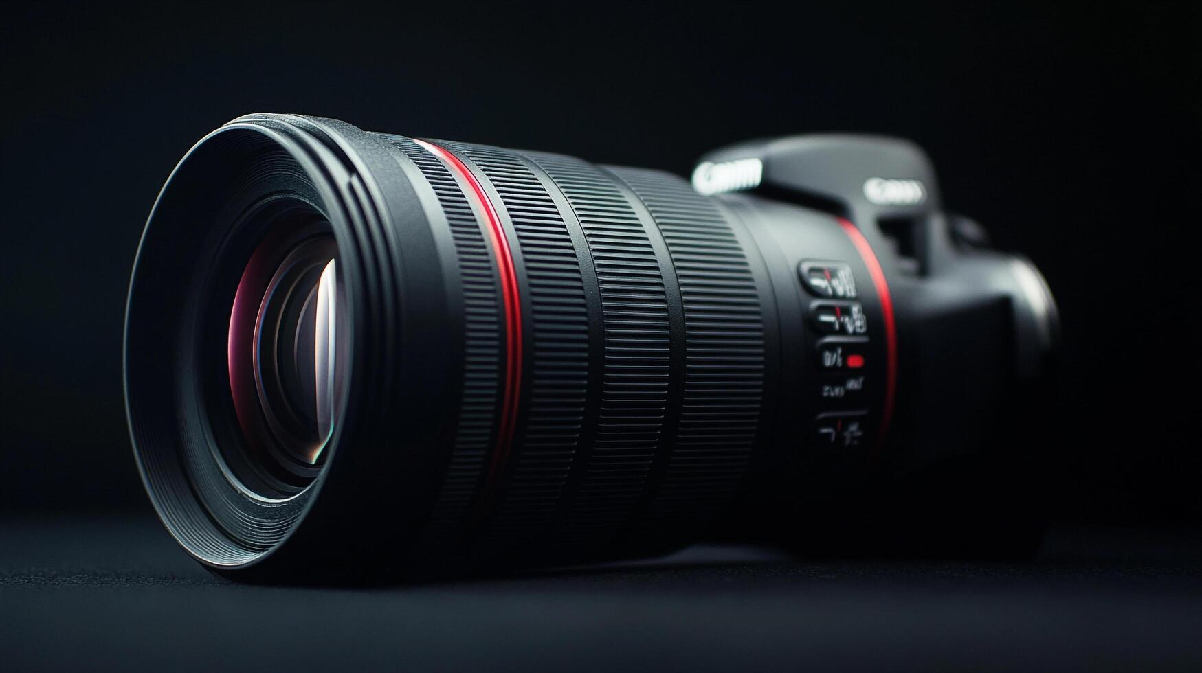 Sleek camera with a prominent lens, highlighted by red accents and professional design, set against a dark, moody background. photo