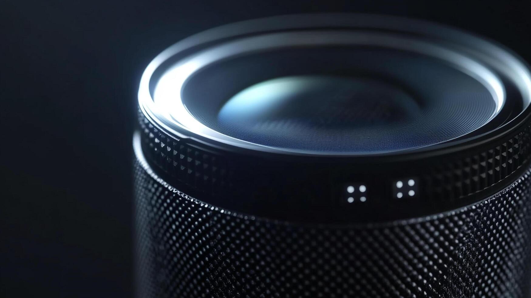 Sleek cylindrical speaker with a perforated body and lit top ring. Minimalist design conveys modern audio tech and clean aesthetics. photo