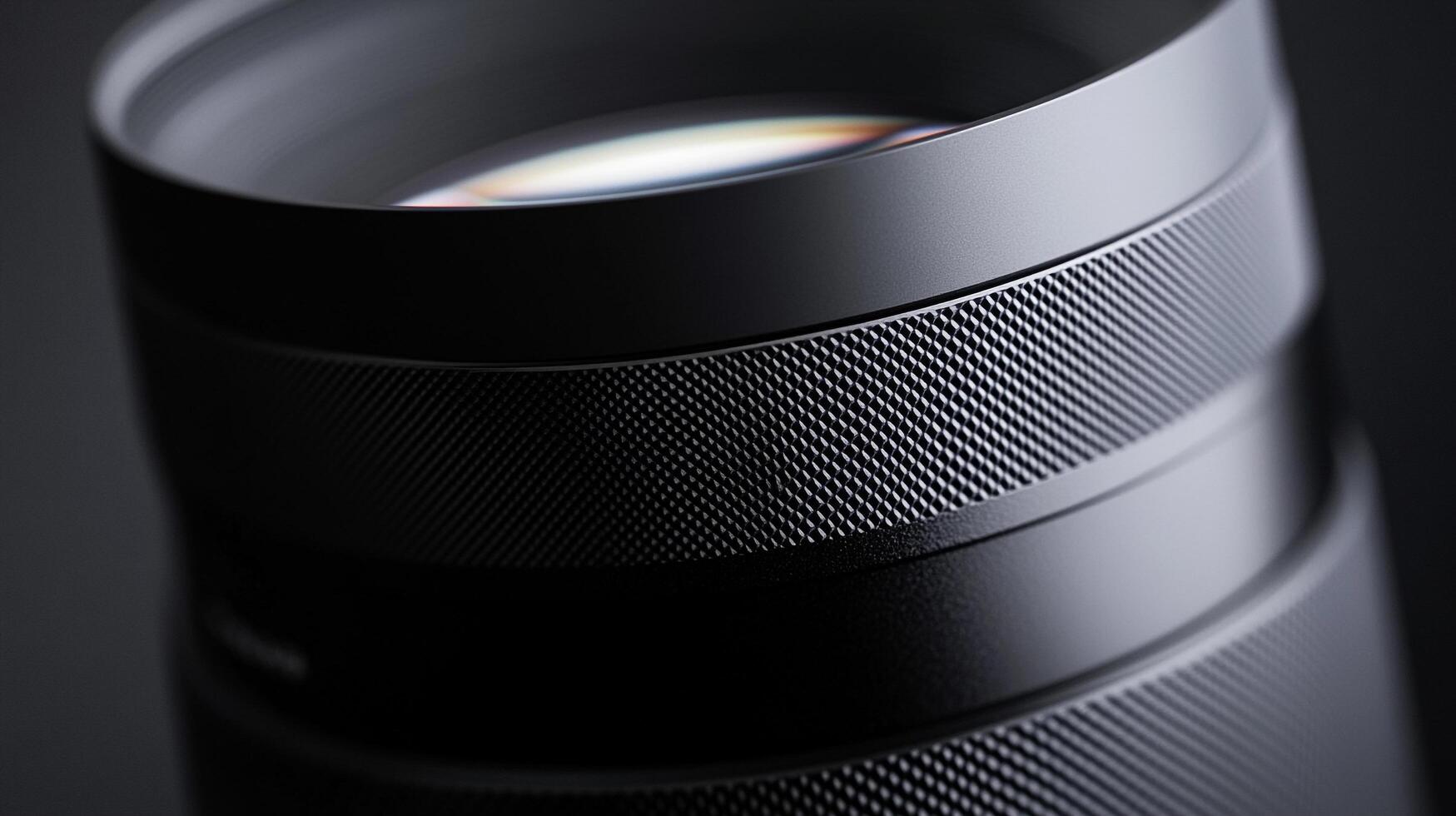 Macro shot showcasing a sleek, black camera lens with textured grip rings, highlighting precision engineering and optical technology. photo