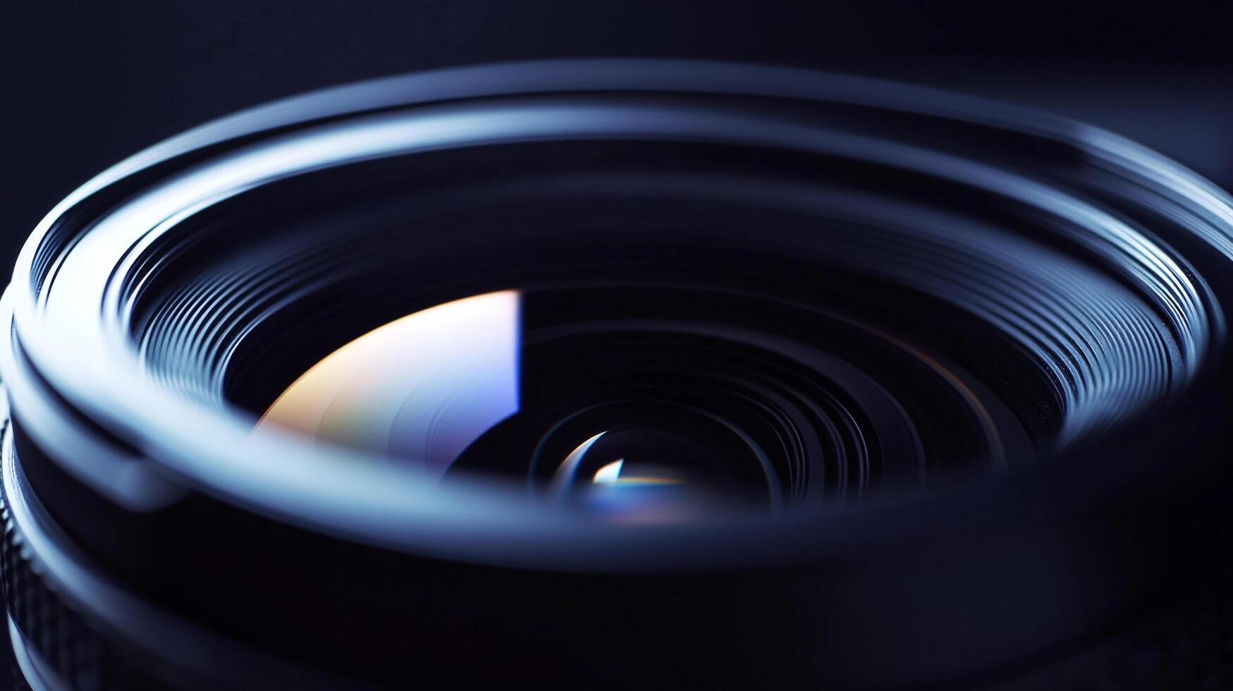 Close-up of a professional camera lens capturing light and reflections, showcasing intricate optics and dark background in this studio shot. photo