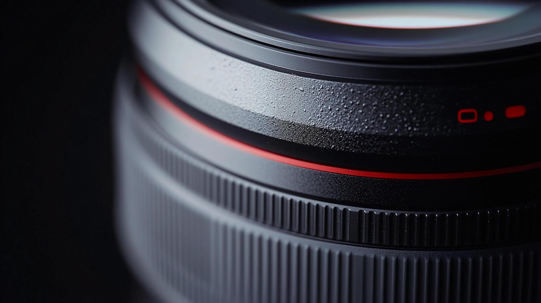 Close-up shot of a sleek, black camera lens showcasing fine water droplets and a red ring accent against a dark backdrop. photo