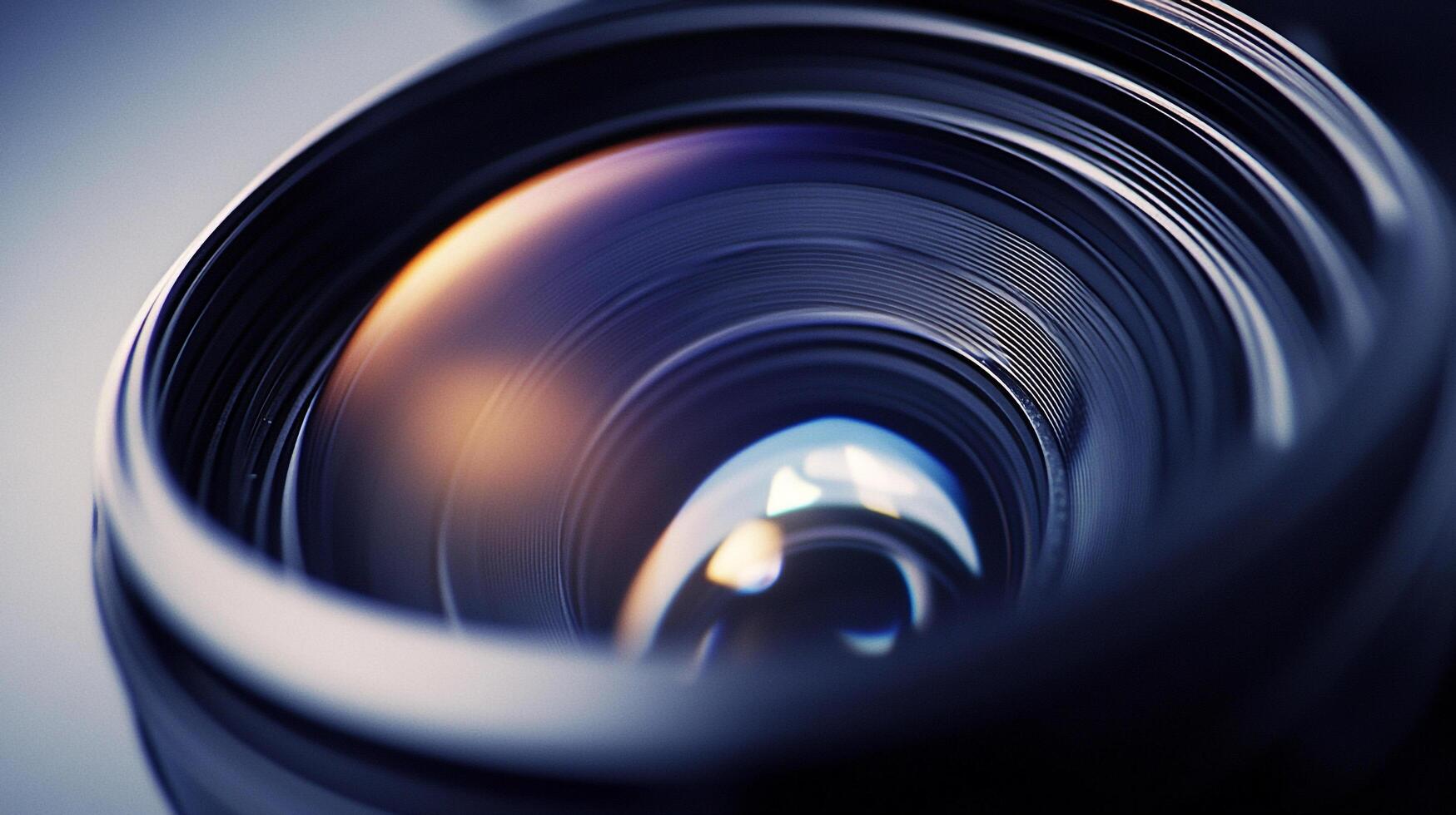 Captivating macro shot unveils the intricate details and stunning reflections within a camera lens, inviting viewers into a world of optics. photo