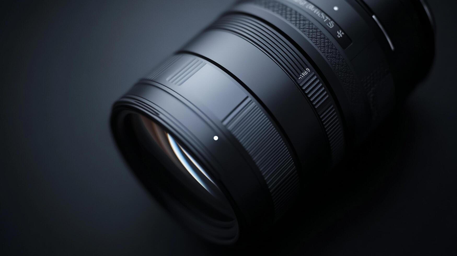 Sleek camera lens showcasing detailed textures and focusing rings against a minimalist backdrop, highlighting precision optics and design. photo