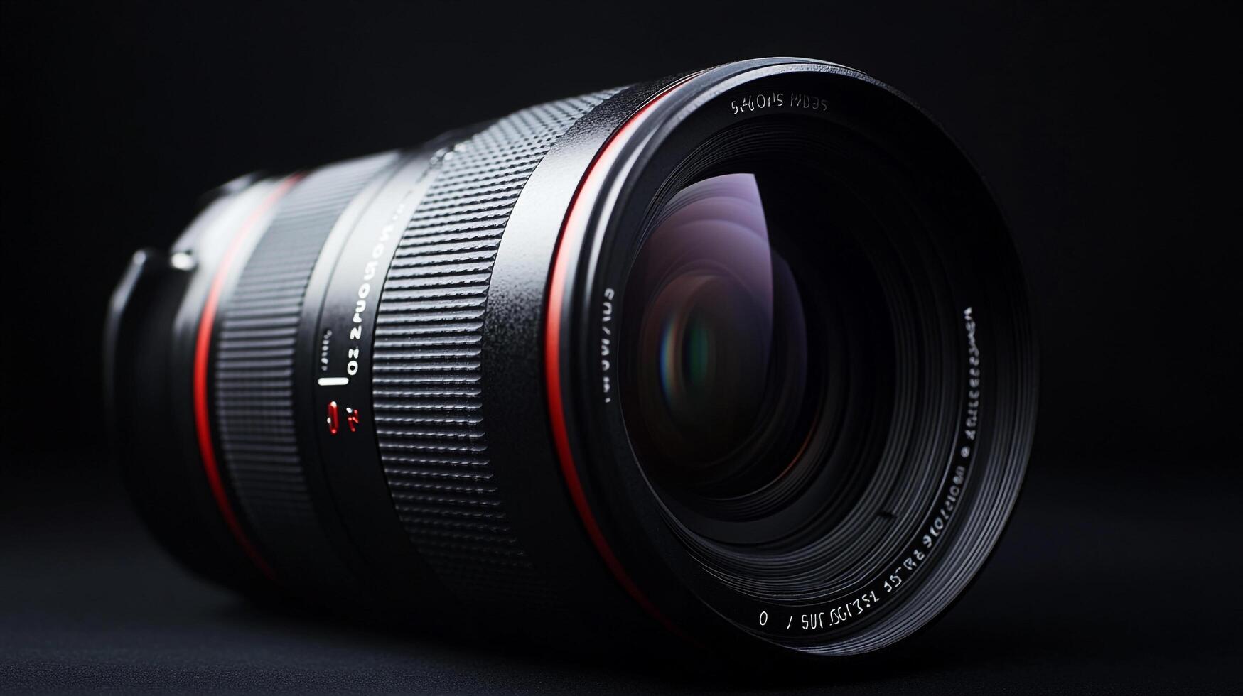 Close-up of a professional camera lens. The red ring highlights the quality and design, enhancing its technical appearance. photo