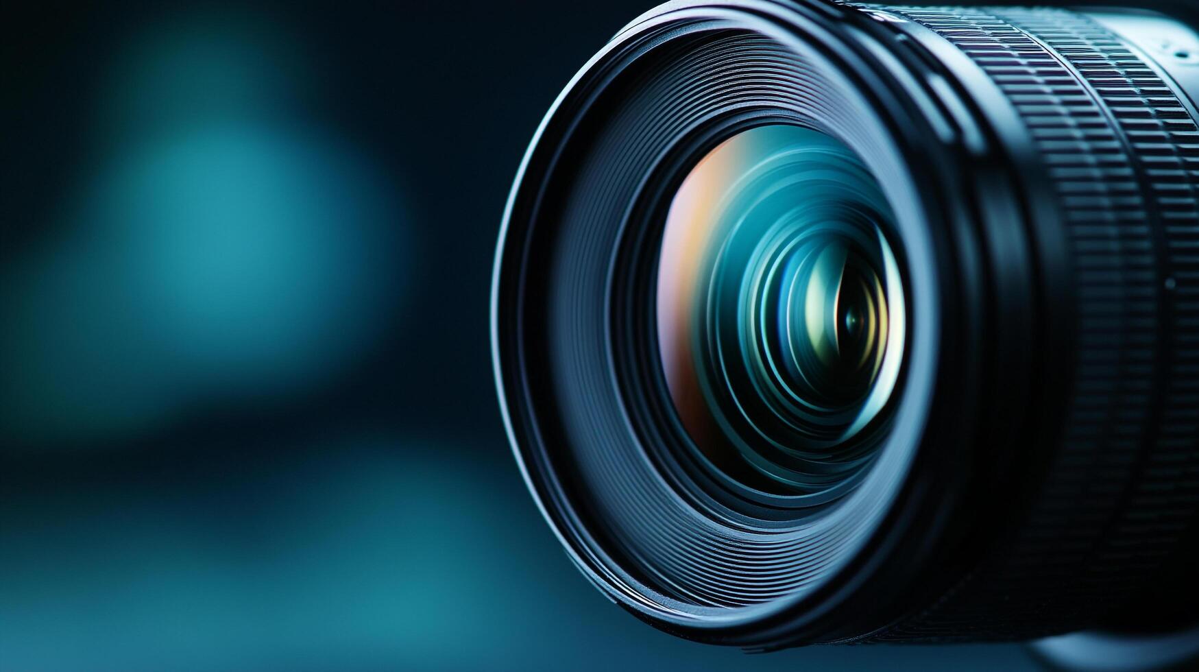Camera lens reflecting light. Capturing moments with advanced optics. Precision engineered glass for optimal image quality and clarity. photo