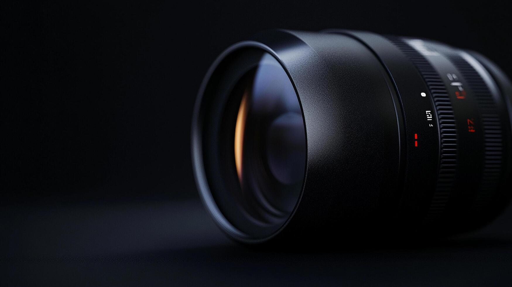 Sleek lens with reflective glass and textured grip details, perfect for professional photography and videography on dark setting. photo