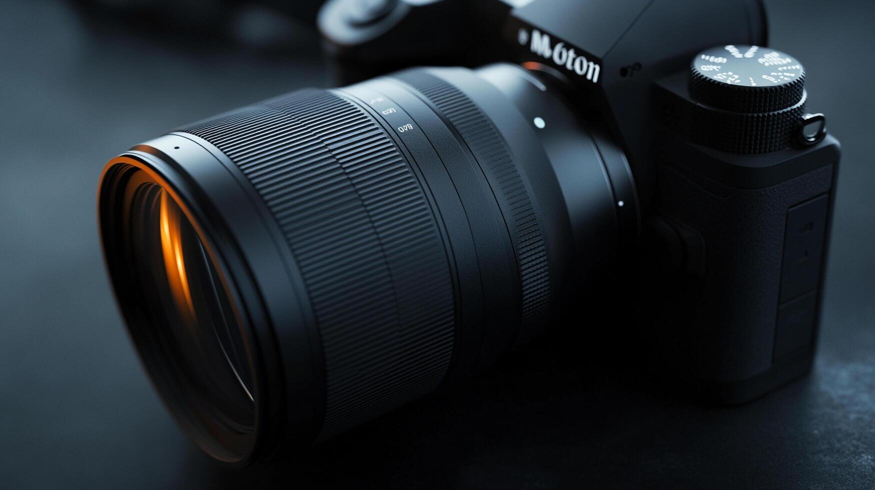 Detailed view of a black camera with a prominent lens, focusing on its design and functionality in capturing visual content. photo