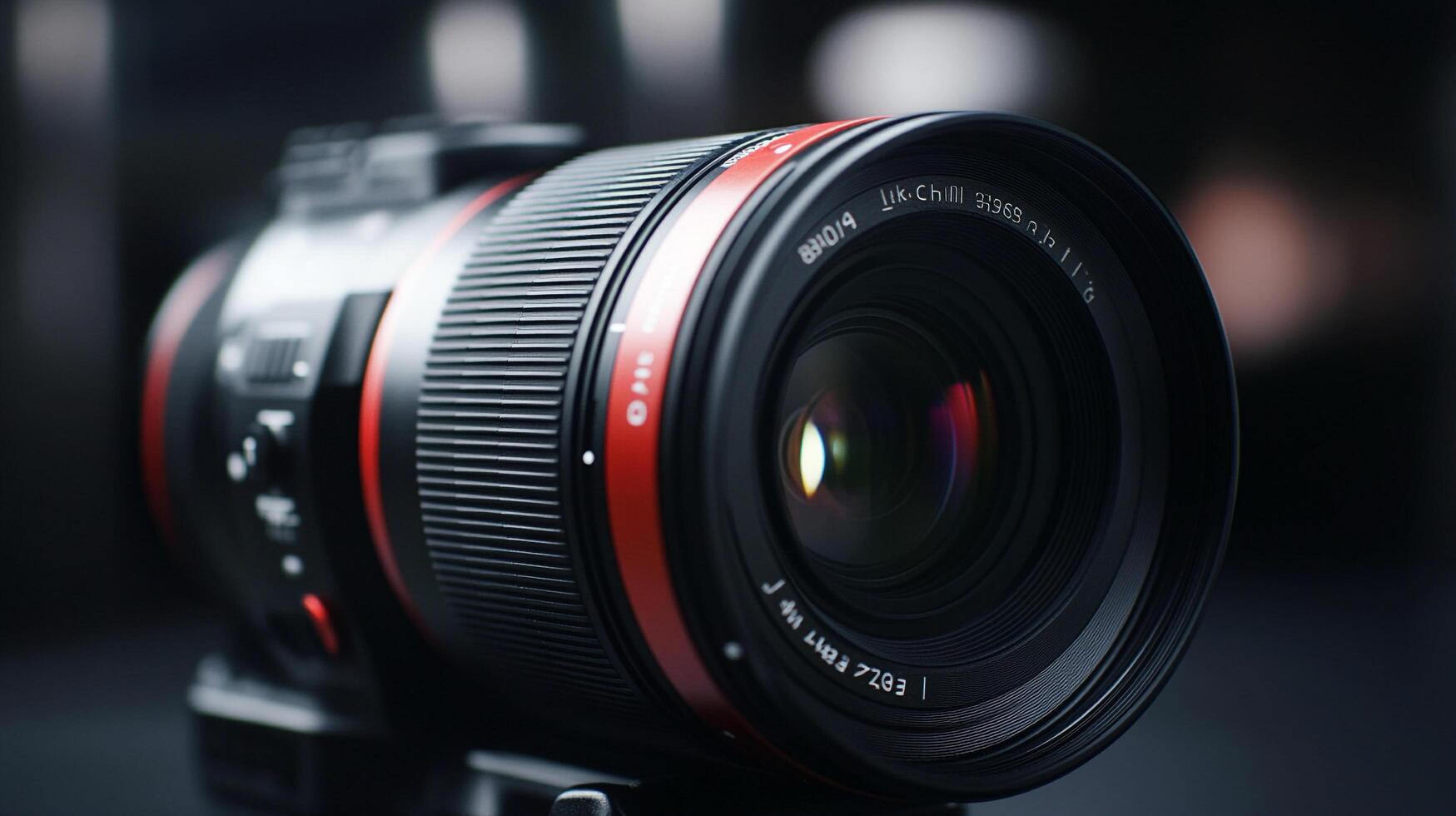 Professional camera lens featuring black ridges and a red ring, optimized for sharp and clear photography. photo
