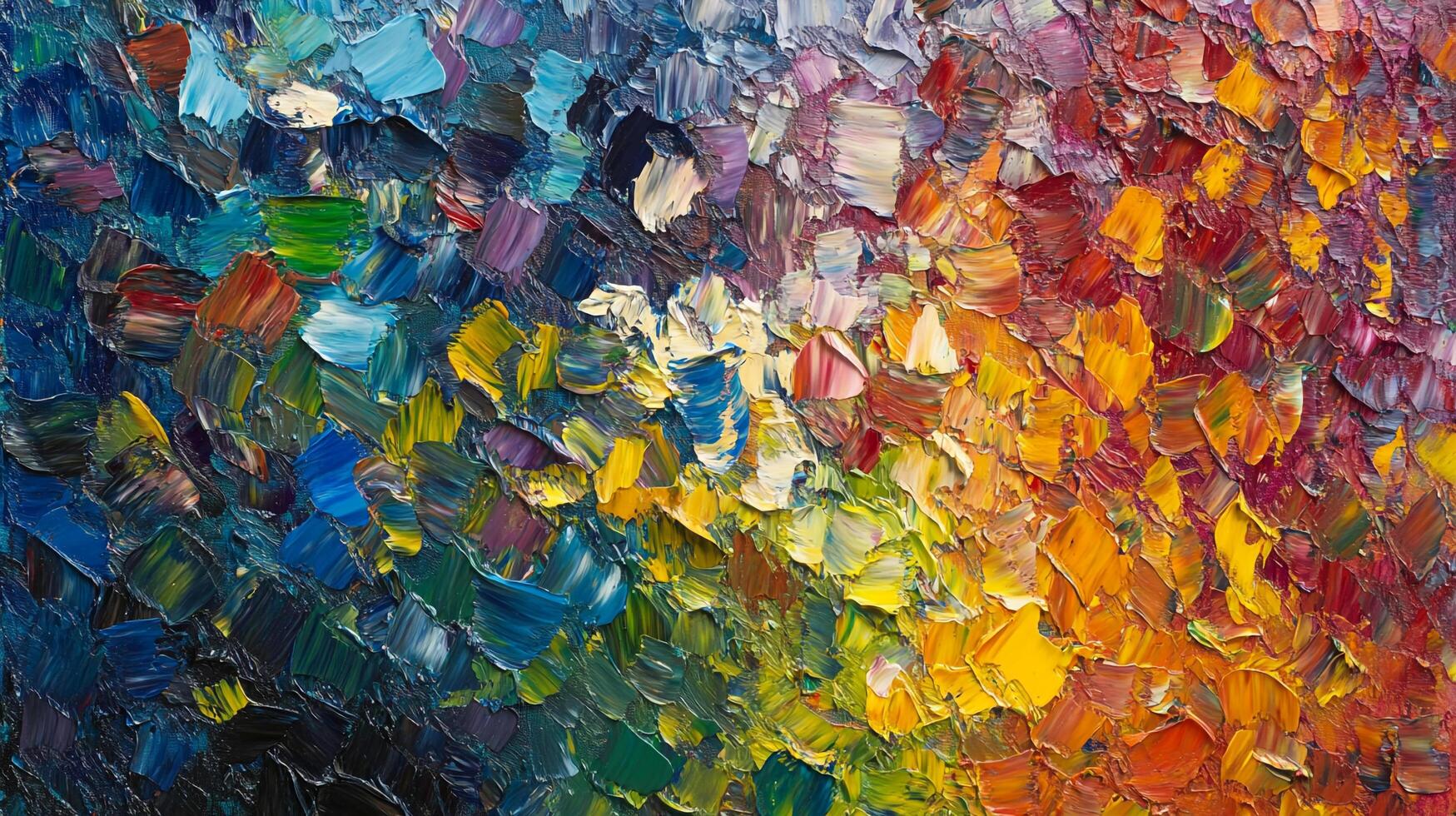 Close-up of a vibrant, textured painting. The artwork features thick, impasto strokes in a range of blues, yellows, reds, and purples. photo