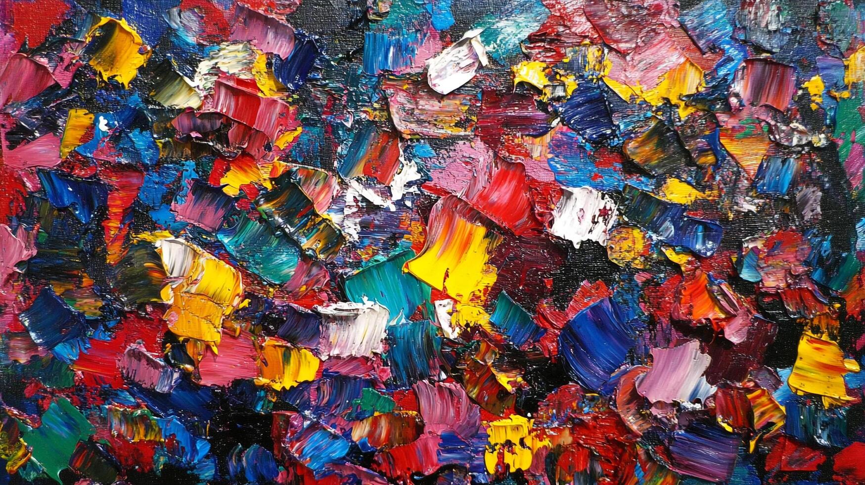 Vibrant abstract painting with thick brushstrokes of red, yellow, blue, and pink creating a colorful and textured surface. photo