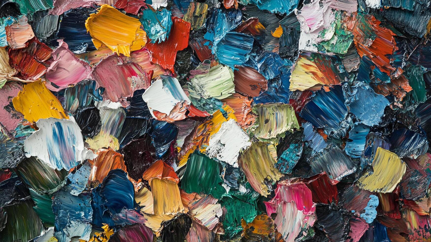 An abstract painting filled with thick, colorful brushstrokes creates a textured and vibrant artistic expression, bringing energy and depth. photo