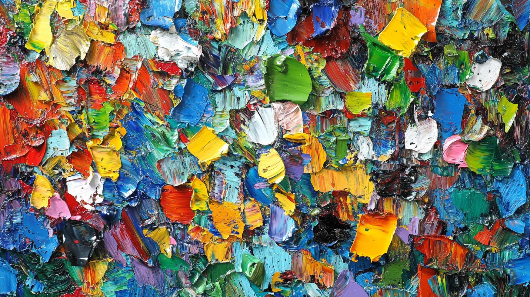 A vibrant textured painting, overflowing with hues of blue, yellow, green, red, and white, creates a lively and captivating visual experience. photo