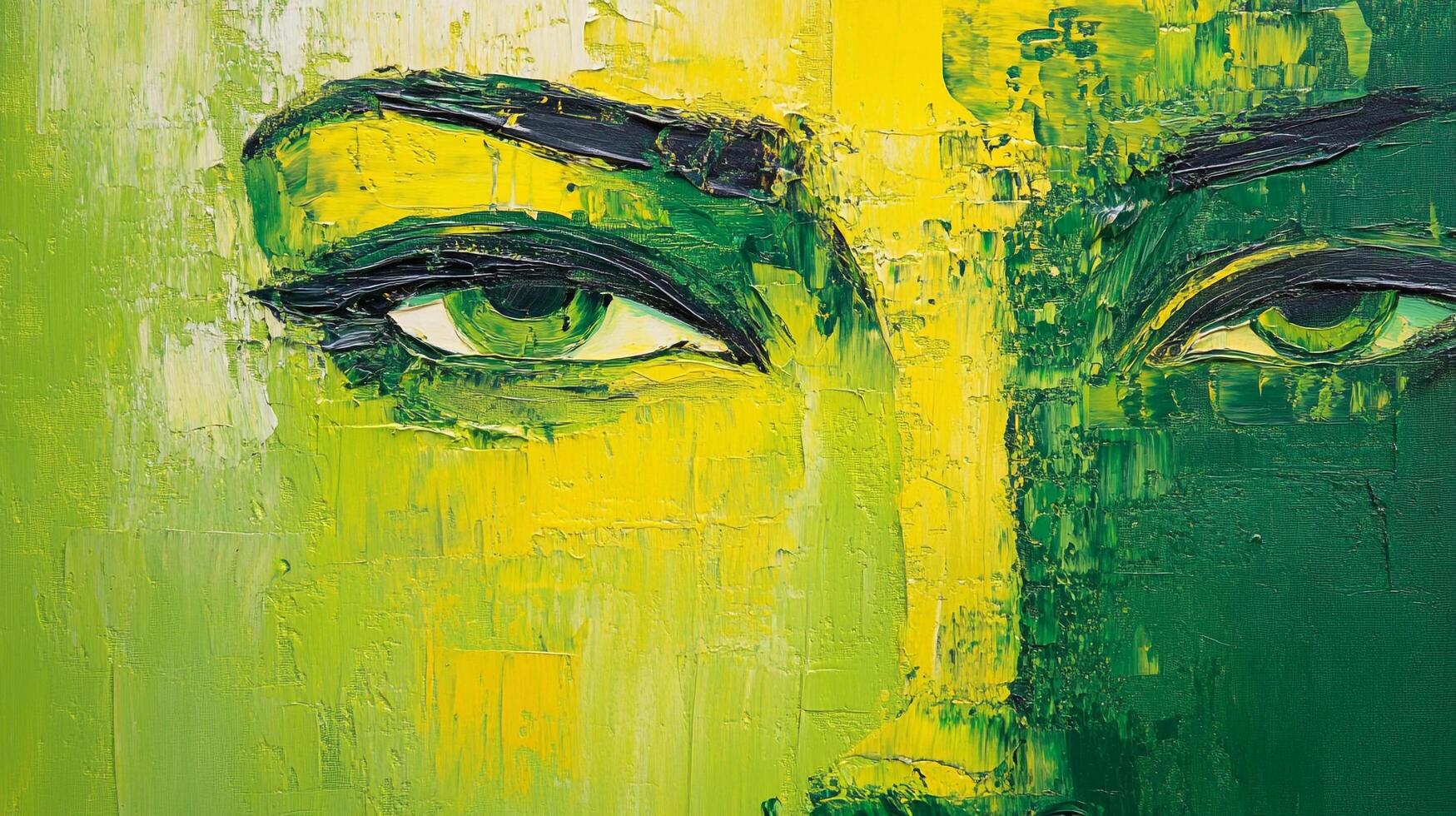 Abstract portrait painting featuring vibrant green and yellow hues, showcasing a captivating gaze and textured brushstrokes. Very eye catching art. photo