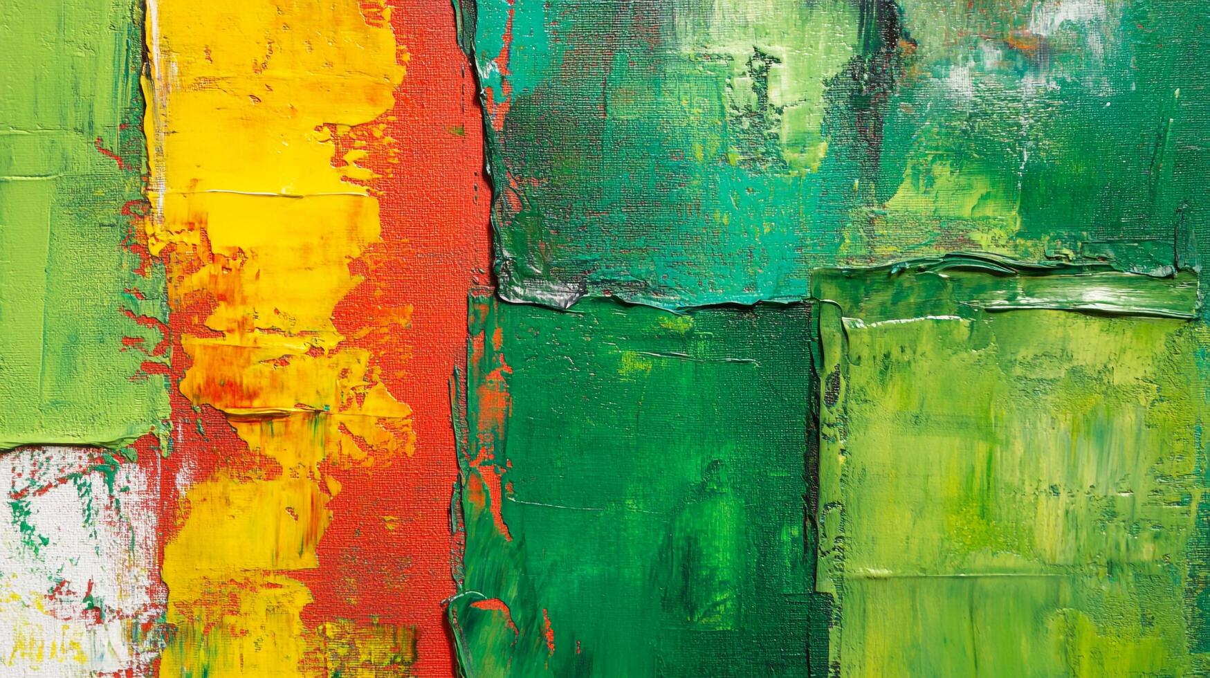 An art piece composed of textured blocks of color creates a visually stimulating painting with green, yellow, red and white colors. photo