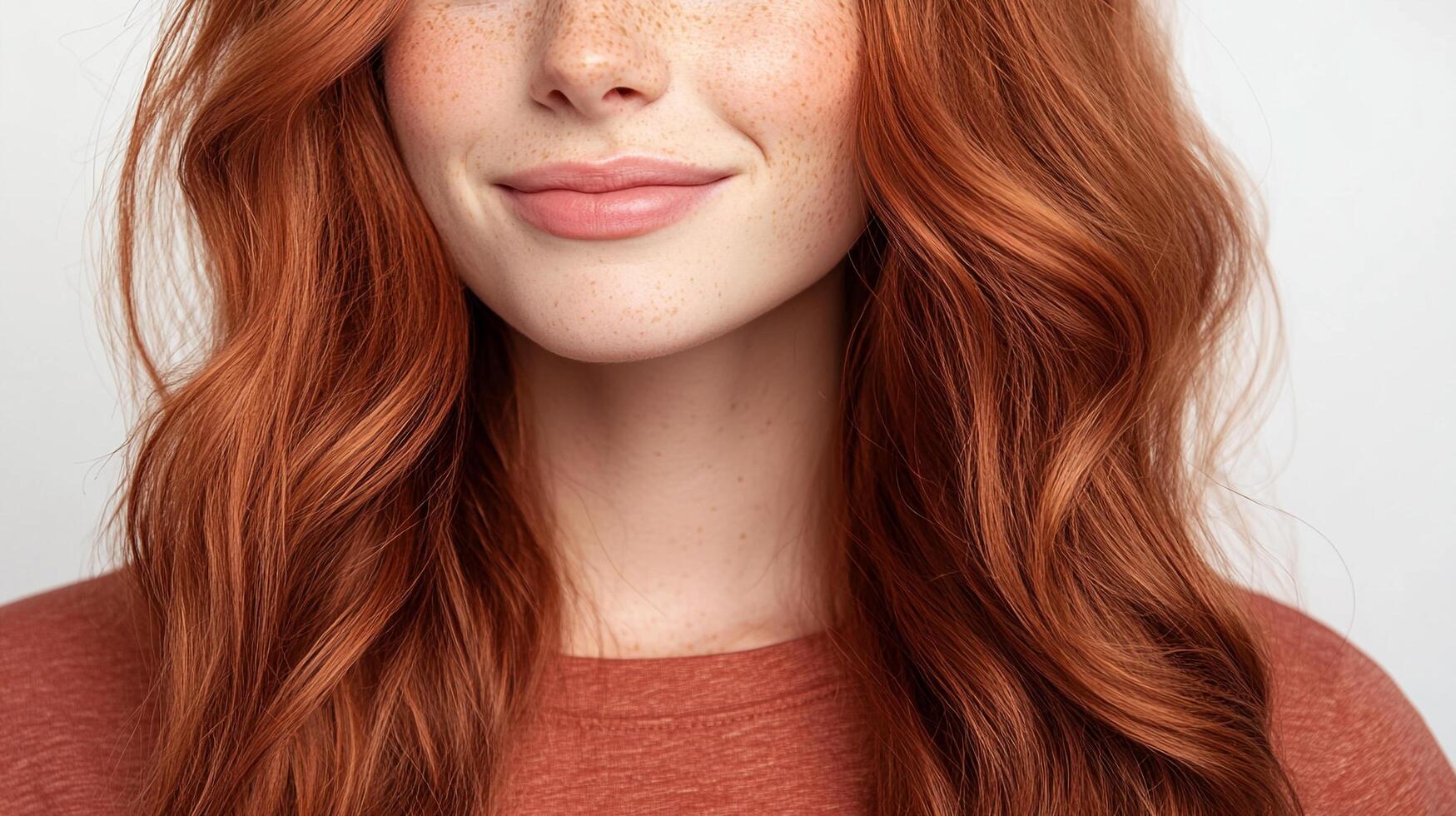Close-up of a woman with flowing copper hair and freckles, softly smiling against a plain background. Warm and inviting facial detail. photo