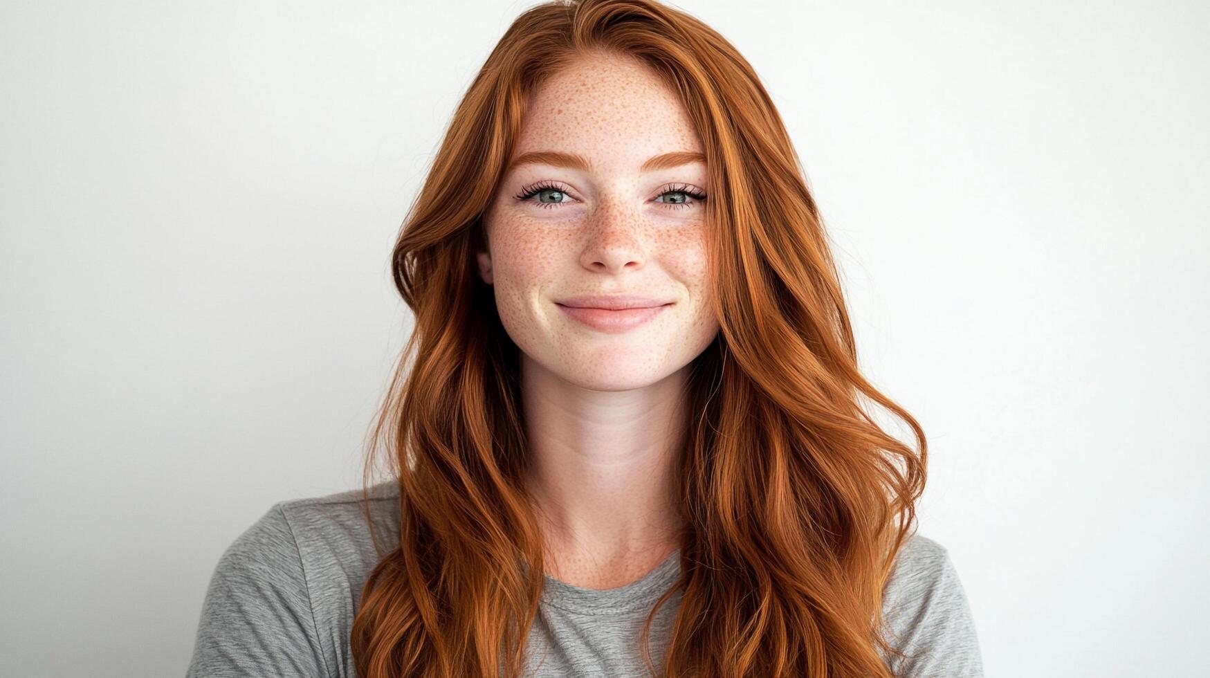 Portrait of a smiling woman with long red hair and freckles, showcasing her natural beauty and radiating a warm and inviting vibe. photo