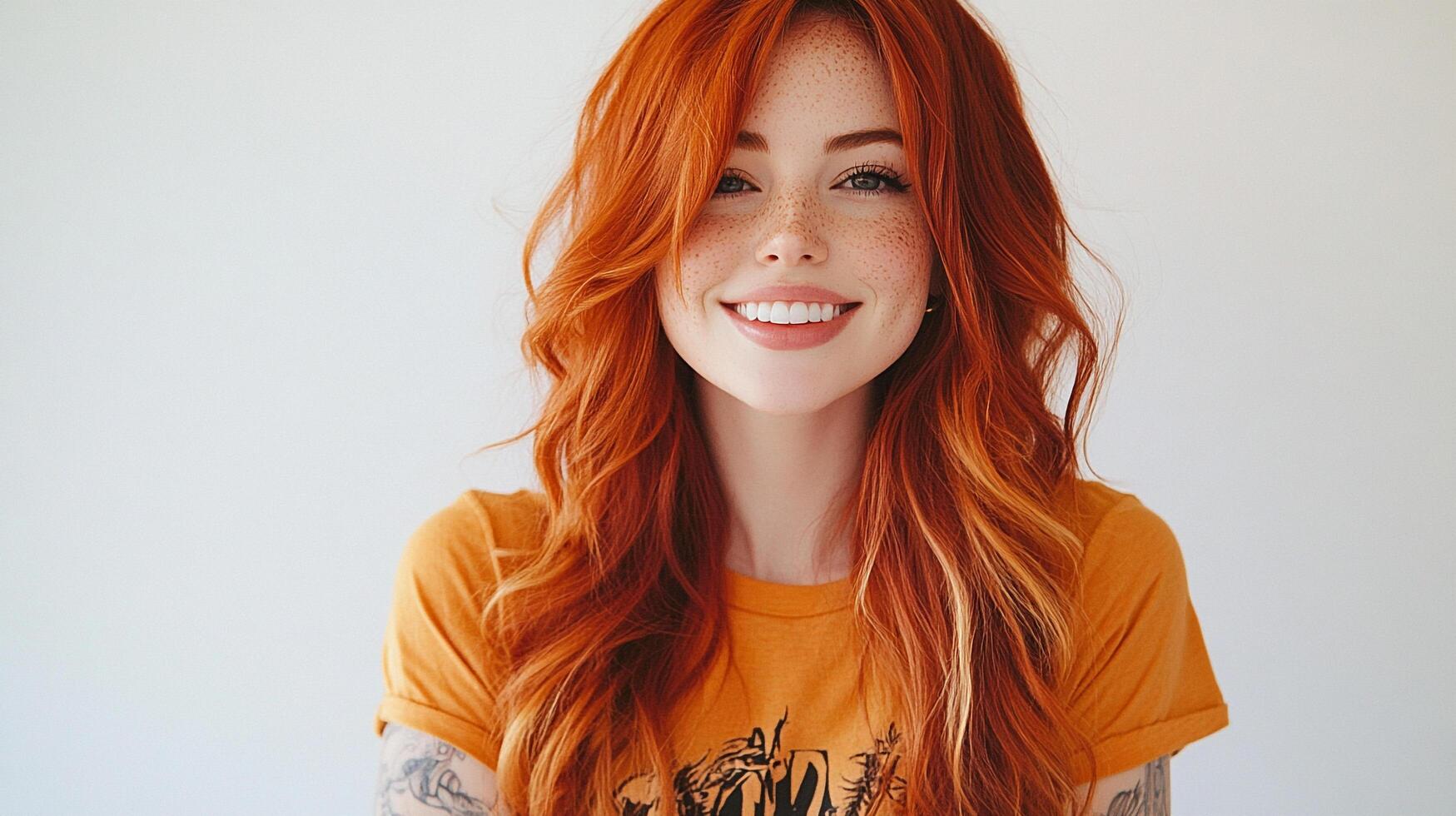 Smiling woman with vibrant red wavy hair, freckles, and an orange top against a simple white backdrop. Positive and engaging portrait. photo