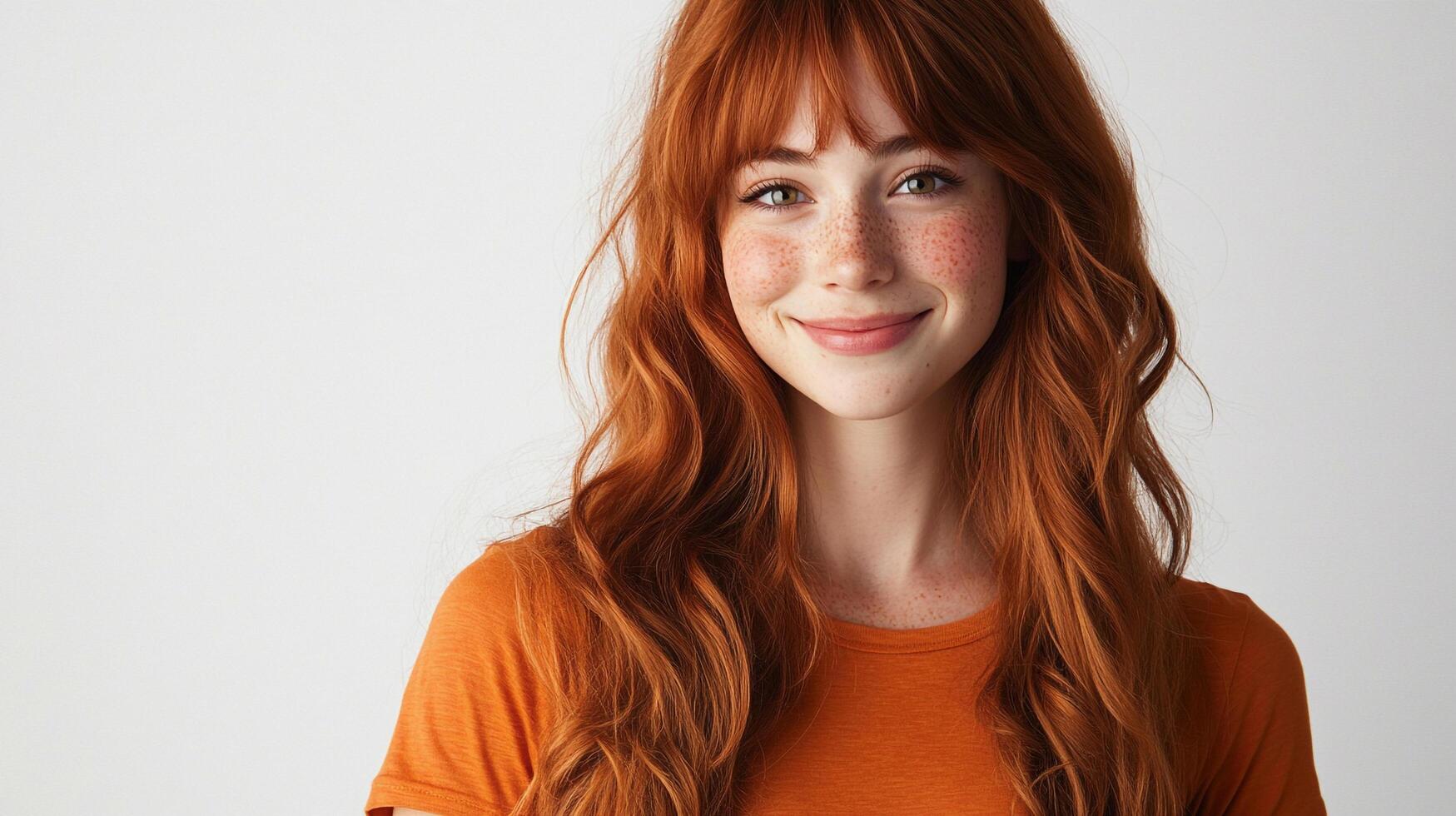Smiling woman with beautiful, long red hair and freckles posing against a plain white backdrop for a portrait session in studio. photo