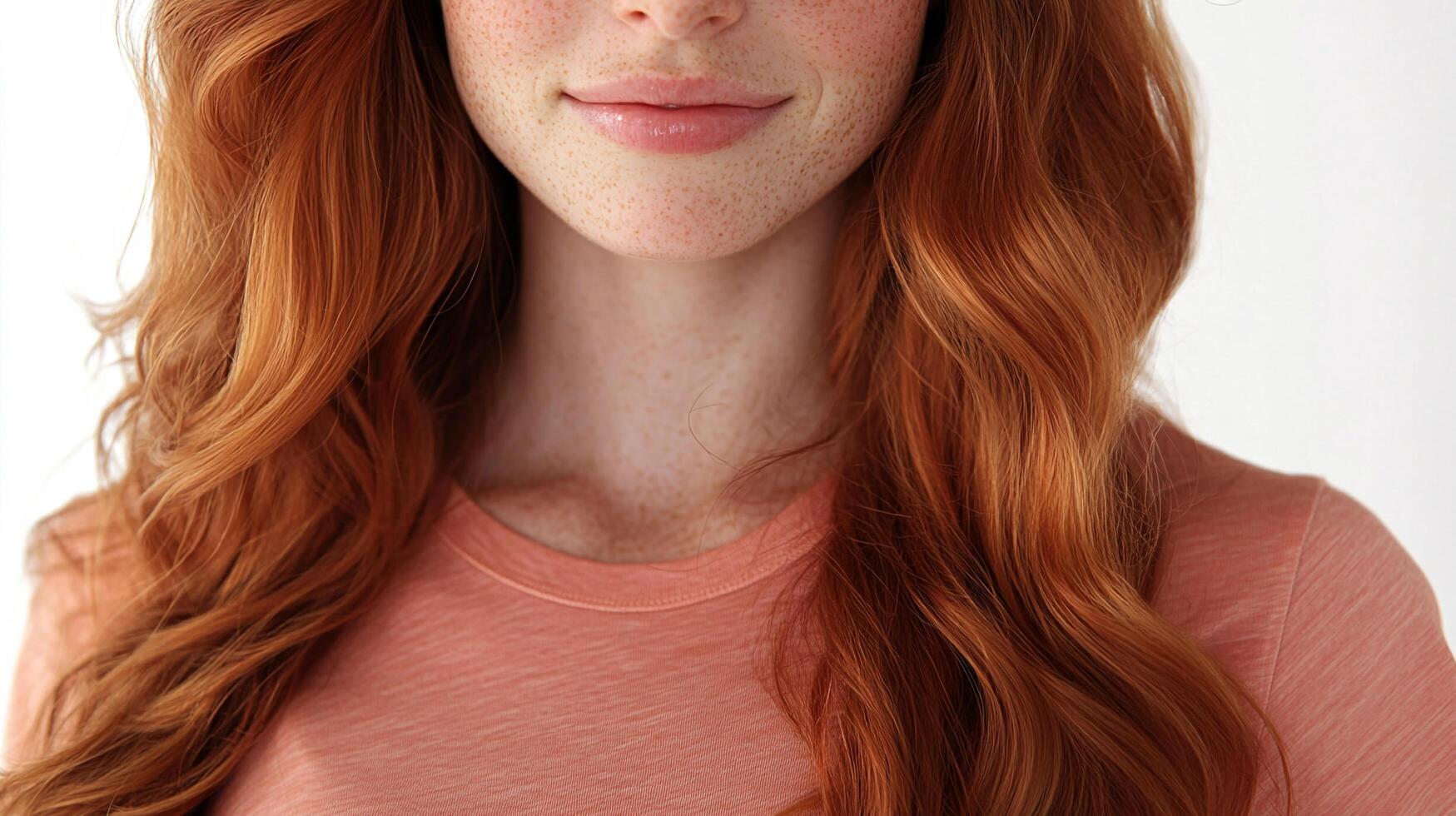 Close-up of a woman with radiant red hair, a peachy complexion, and delicate freckles, adding a touch of natural beauty and charm. photo