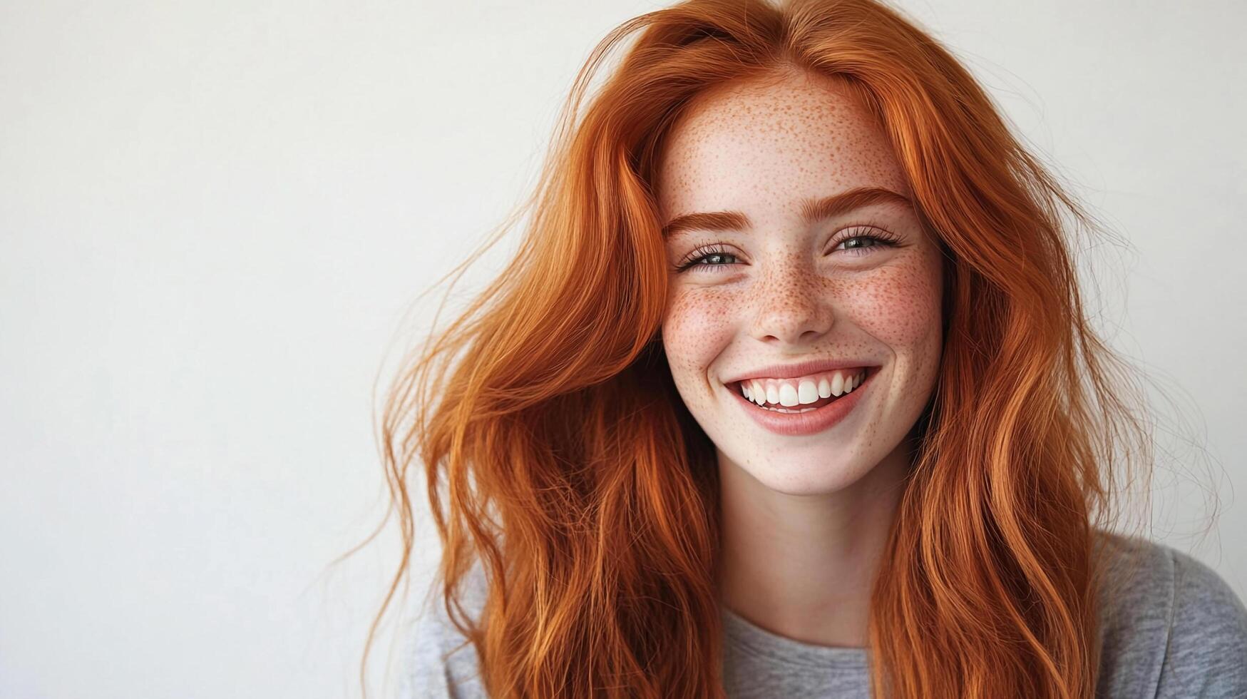 Smiling redhead with freckles. Radiant complexion, bright smile, and flowing ginger hair against a plain backdrop radiates happiness. photo