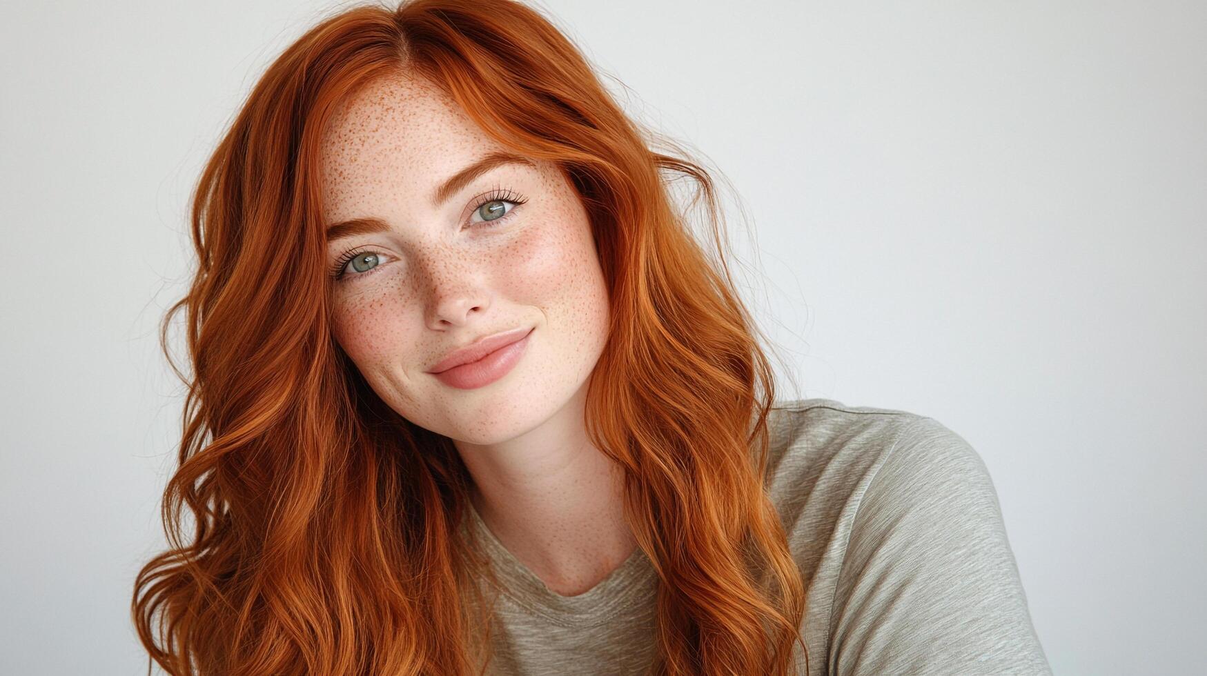 Portrait of a young woman with striking red hair and a warm, genuine smile, enhanced by her distinct freckles. photo