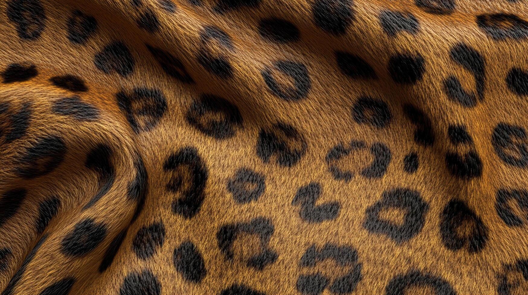Close-up on animal print fabric with brown and black fur, showcasing a repeating pattern of rosettes on a folded textured surface. photo