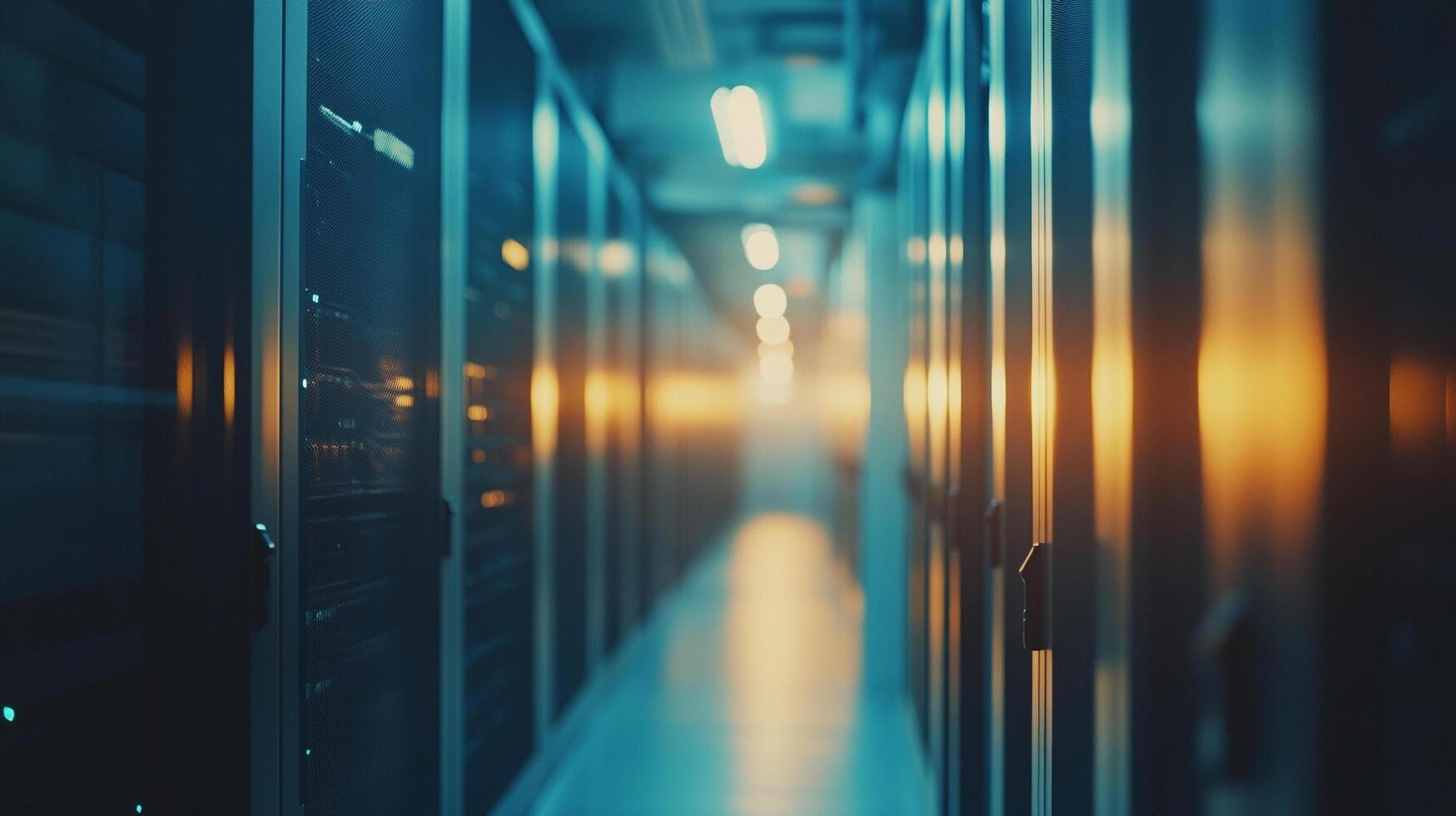 Server room aisle with bright lights and a long row of computer equipment, in a data center, showing information technology infrastructure. photo