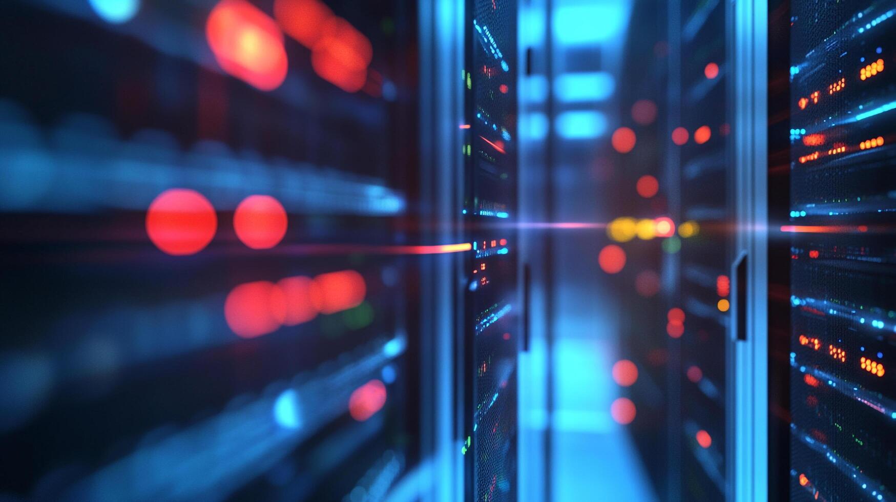 Close-up view of servers in a data center, showing network activity with lights and a sense of depth and connectivity. photo