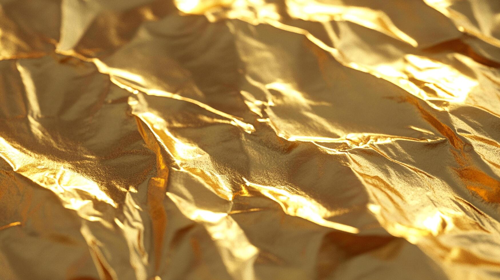A closeup view of crumpled gold material, reflecting light. The texture is rich, creating an abstract pattern with depth and shine. photo
