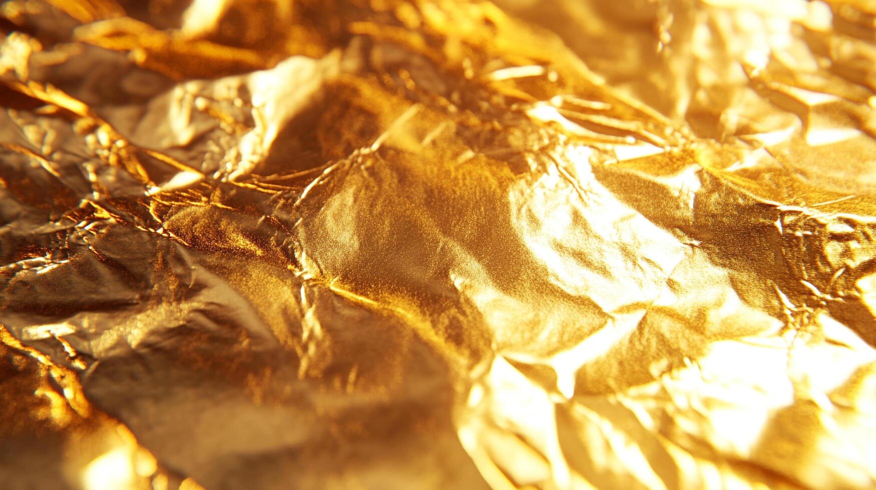Close-up of crinkled gold foil catching the light. Reflective surface shows detailed texture and bright illumination. photo