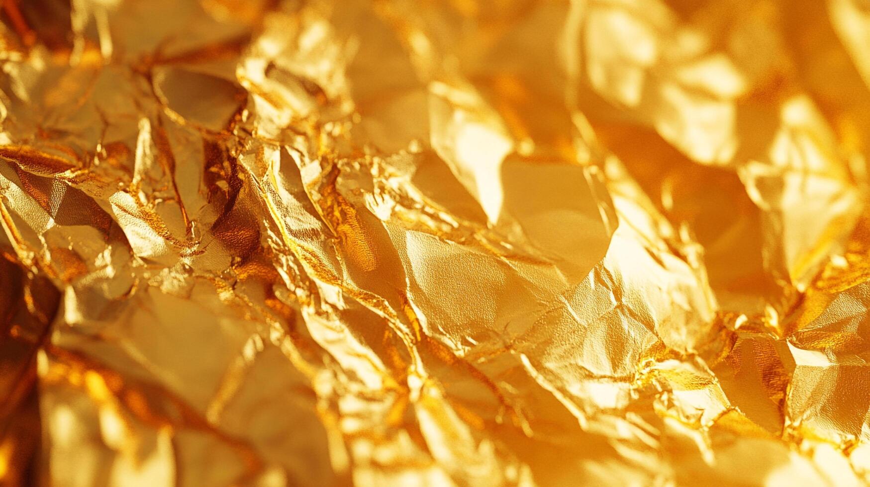 Golden foil gleams with radiant light, creating an abstract landscape of peaks and valleys in a rich, metallic texture. photo