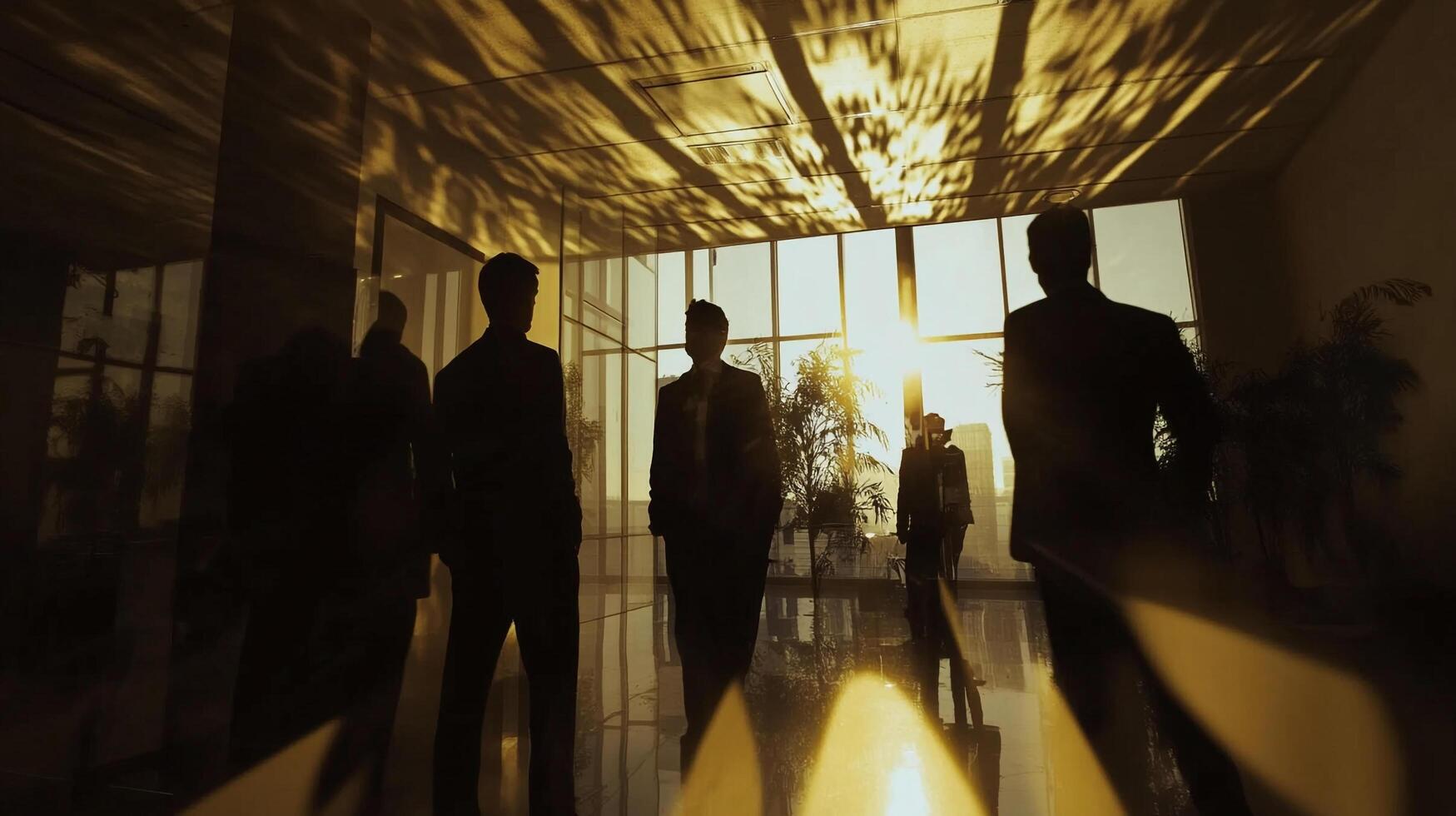 Silhouetted figures stand in an office lobby bathed in golden light, creating dynamic shadows and a sense of ambition and forward motion. photo
