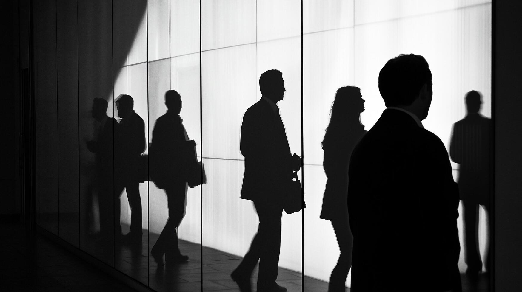 Abstract silhouettes of professionals walking inside modern building. stark contrast between light and shadow creating a sense of anonymity. photo