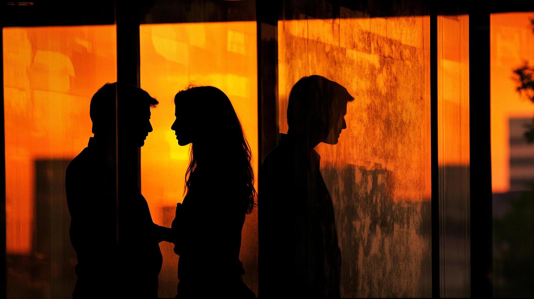 Silhouetted figures against a vibrant orange window, creating a moment of connection amidst a fiery sunset backdrop. photo