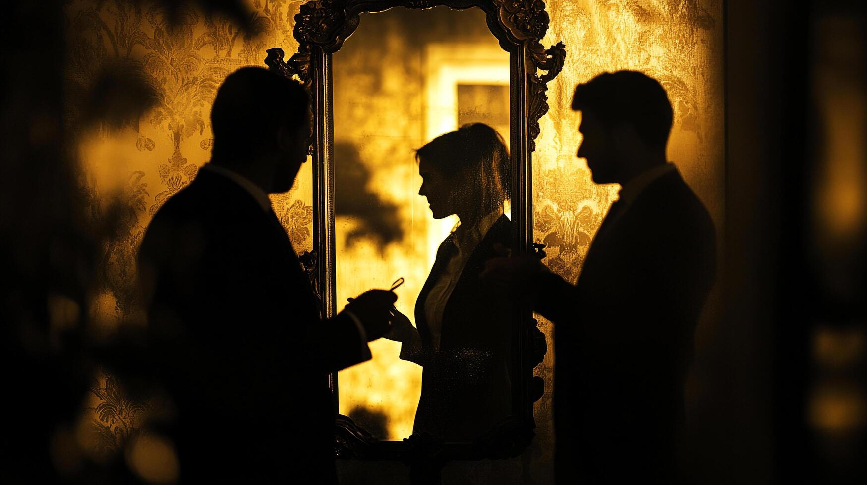 Silhouetted figures converse near an ornate mirror, illuminated by a warm, golden glow, creating a sense of mystery and anticipation. photo
