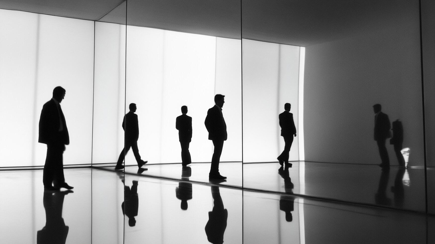 Silhouetted figures walking in a minimalist, bright, and reflective space. The black and white contrast adds to the stark beauty. photo