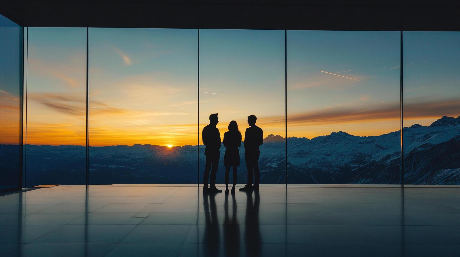 Silhouette of three people in suits at sunset discussing business strategy with a beautiful mountain range in the background. photo